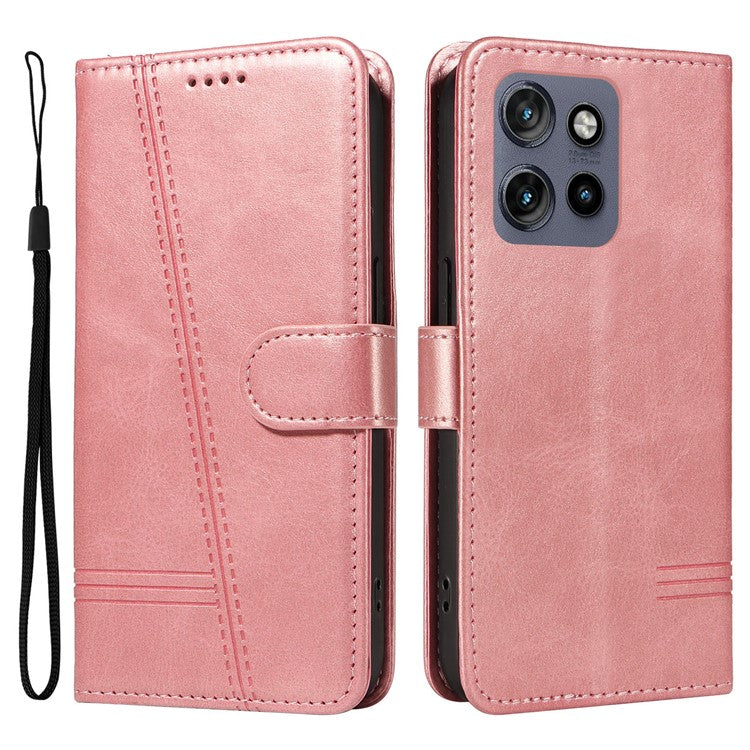 For Motorola Edge 50 Neo 5G / Moto S50 5G / Thinkphone 25 5G Case Flip Wallet T-Shape Lines Leather Phone Cover - Rose Gold