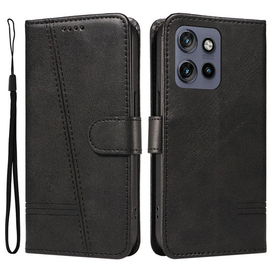 For Motorola Edge 50 Neo 5G / Moto S50 5G / Thinkphone 25 5G Case Flip Wallet T-Shape Lines Leather Phone Cover - Black