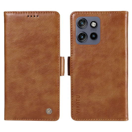 YIKATU YK-007 For Motorola Edge 50 Neo 5G / Moto S50 5G / Thinkphone 25 5G Case Side Buckle PU Leather Phone Cover Litchi Texture - Brown