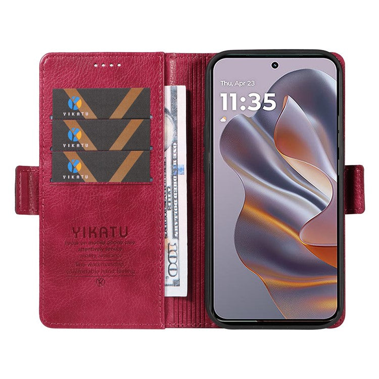 YIKATU YK-007 For Motorola Edge 50 Neo 5G / Moto S50 5G / Thinkphone 25 5G Case Side Buckle PU Leather Phone Cover Litchi Texture - Wine Red