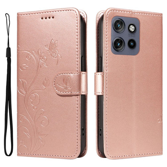 For Motorola Edge 50 Neo 5G / Moto S50 5G / Thinkphone 25 5G Case Flower Pattern PU Leather Wallet Phone Cover - Rose Gold