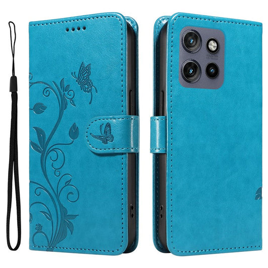 For Motorola Edge 50 Neo 5G / Moto S50 5G / Thinkphone 25 5G Case Flower Pattern PU Leather Wallet Phone Cover - Blue