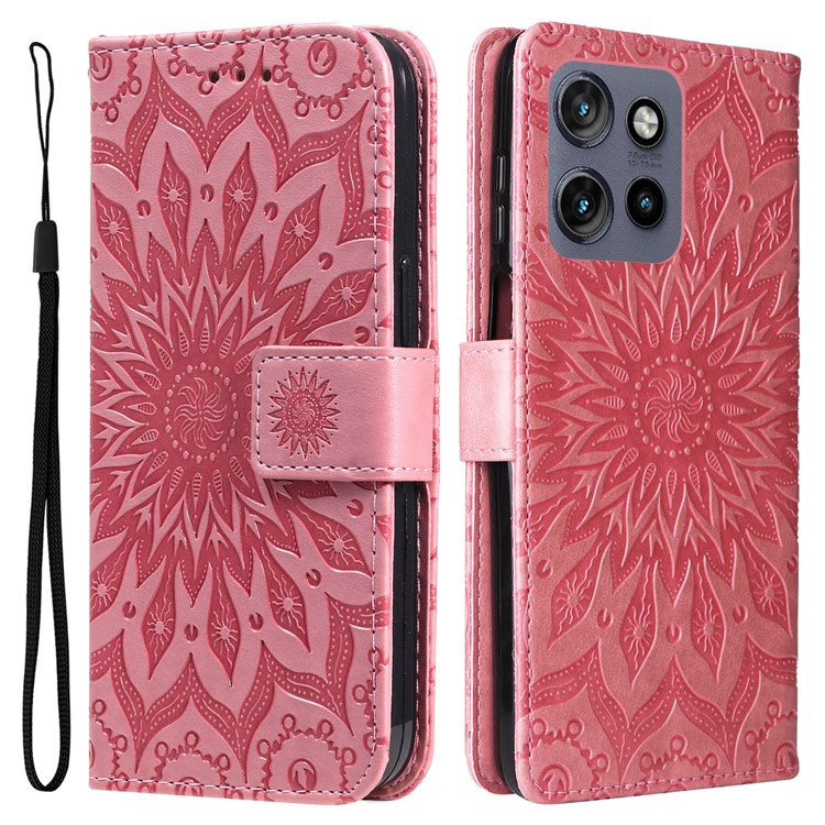 KT Imprinting Flower Series-1 For Motorola Edge 50 Neo 5G / Moto S50 5G / Thinkphone 25 5G Case Sunflower Leather Wallet Phone Cover - Pink