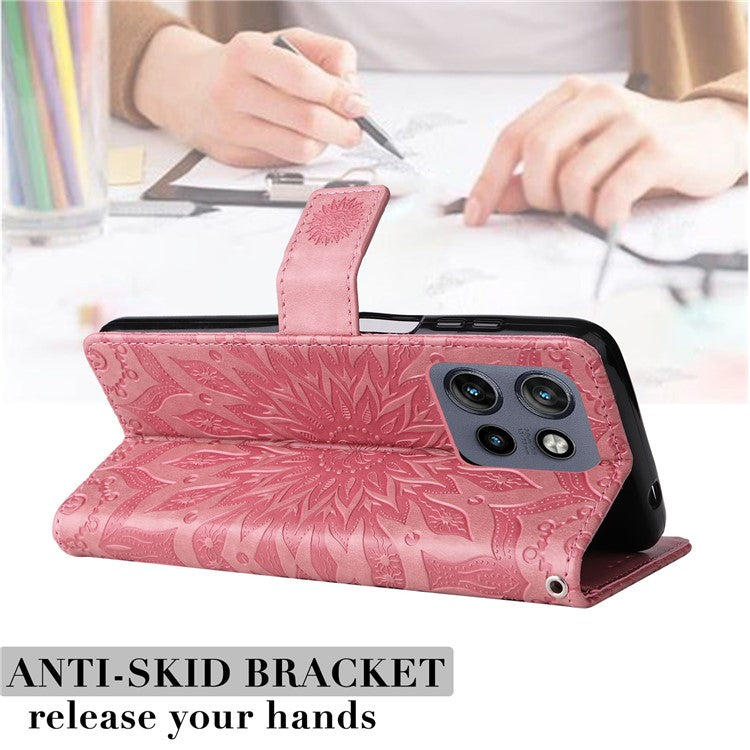 KT Imprinting Flower Series-1 For Motorola Edge 50 Neo 5G / Moto S50 5G / Thinkphone 25 5G Case Sunflower Leather Wallet Phone Cover - Pink