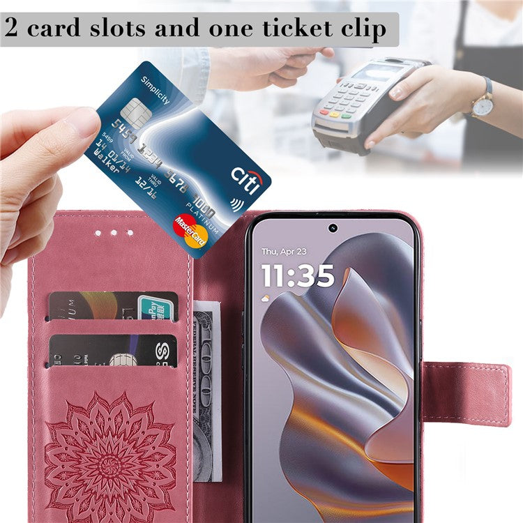 KT Imprinting Flower Series-1 For Motorola Edge 50 Neo 5G / Moto S50 5G / Thinkphone 25 5G Case Sunflower Leather Wallet Phone Cover - Pink