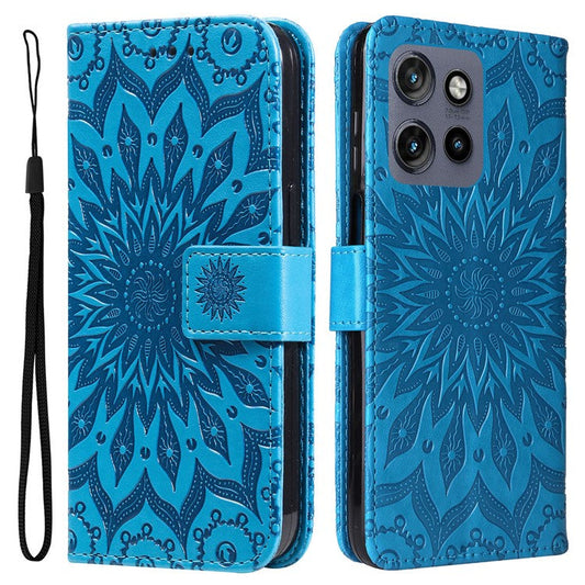 KT Imprinting Flower Series-1 For Motorola Edge 50 Neo 5G / Moto S50 5G / Thinkphone 25 5G Case Sunflower Leather Wallet Phone Cover - Blue