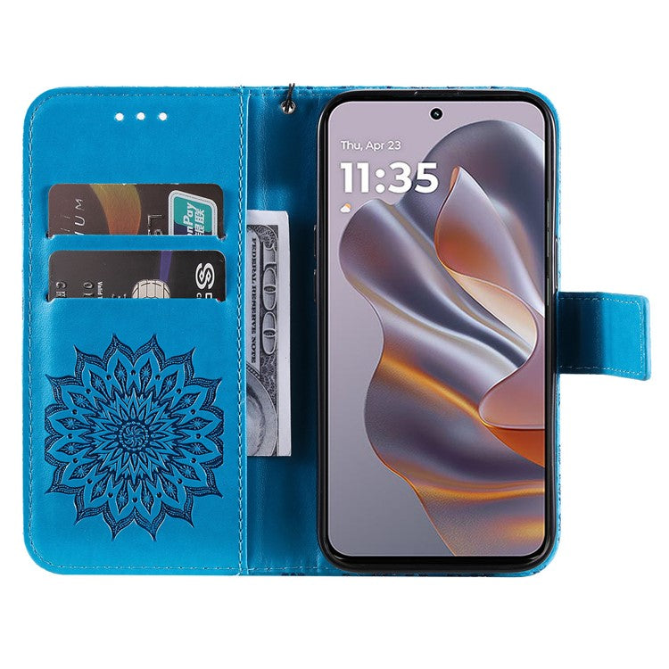 KT Imprinting Flower Series-1 For Motorola Edge 50 Neo 5G / Moto S50 5G / Thinkphone 25 5G Case Sunflower Leather Wallet Phone Cover - Blue