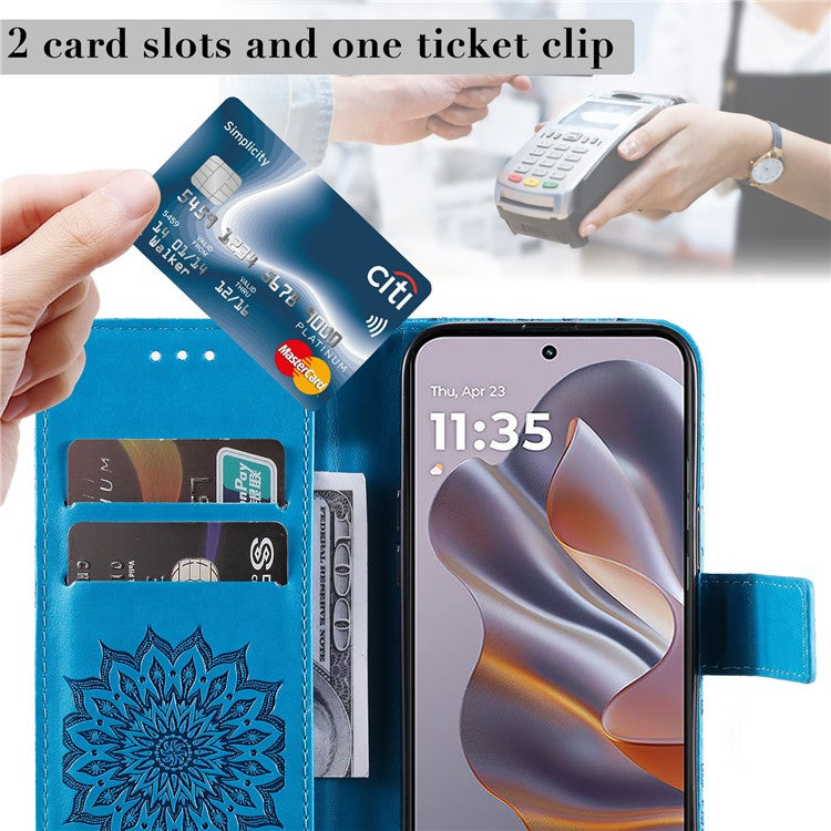 KT Imprinting Flower Series-1 For Motorola Edge 50 Neo 5G / Moto S50 5G / Thinkphone 25 5G Case Sunflower Leather Wallet Phone Cover - Blue