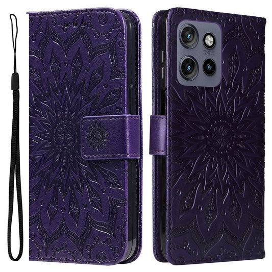 KT Imprinting Flower Series-1 For Motorola Edge 50 Neo 5G / Moto S50 5G / Thinkphone 25 5G Case Sunflower Leather Wallet Phone Cover - Purple