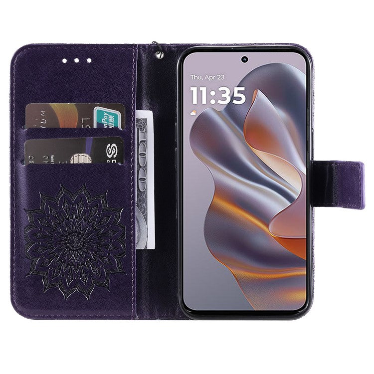 KT Imprinting Flower Series-1 For Motorola Edge 50 Neo 5G / Moto S50 5G / Thinkphone 25 5G Case Sunflower Leather Wallet Phone Cover - Purple