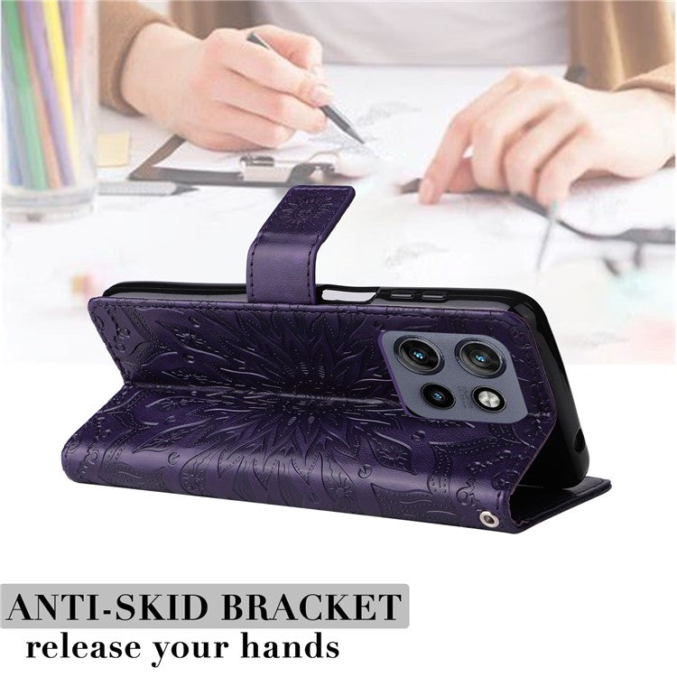 KT Imprinting Flower Series-1 For Motorola Edge 50 Neo 5G / Moto S50 5G / Thinkphone 25 5G Case Sunflower Leather Wallet Phone Cover - Purple