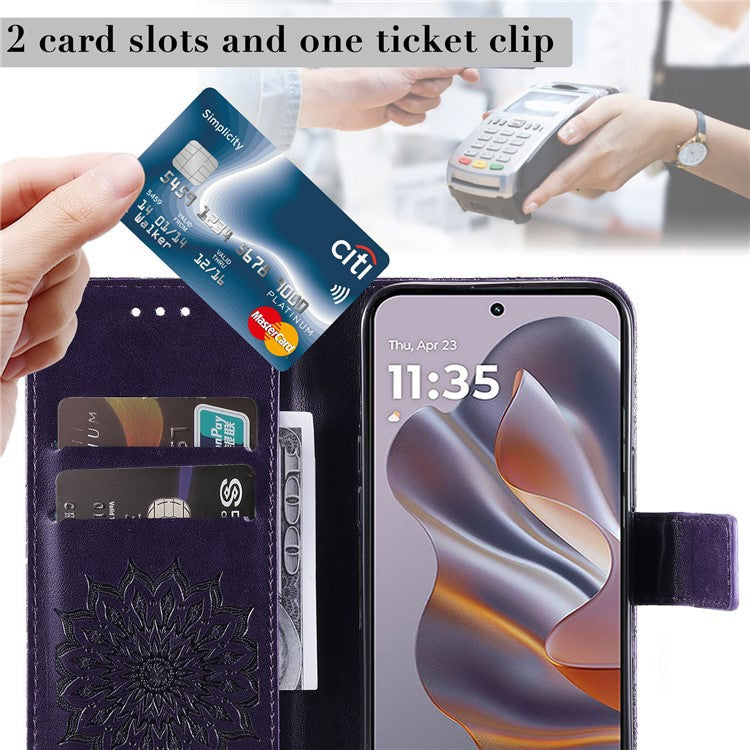 KT Imprinting Flower Series-1 For Motorola Edge 50 Neo 5G / Moto S50 5G / Thinkphone 25 5G Case Sunflower Leather Wallet Phone Cover - Purple