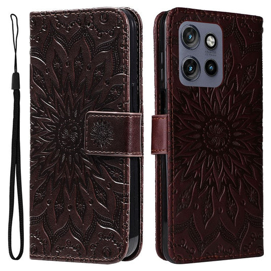 KT Imprinting Flower Series-1 For Motorola Edge 50 Neo 5G / Moto S50 5G / Thinkphone 25 5G Case Sunflower Leather Wallet Phone Cover - Brown
