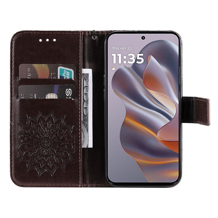 KT Imprinting Flower Series-1 For Motorola Edge 50 Neo 5G / Moto S50 5G / Thinkphone 25 5G Case Sunflower Leather Wallet Phone Cover - Brown