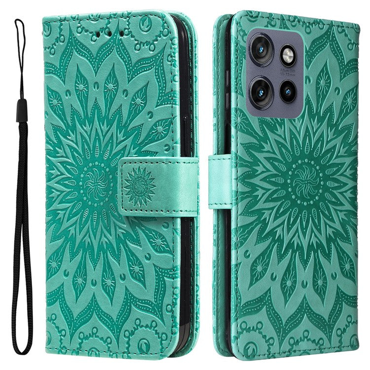 KT Imprinting Flower Series-1 For Motorola Edge 50 Neo 5G / Moto S50 5G / Thinkphone 25 5G Case Sunflower Leather Wallet Phone Cover - Green