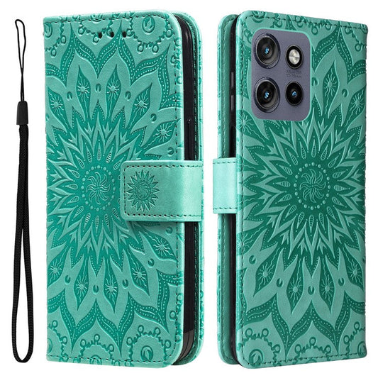 KT Imprinting Flower Series-1 For Motorola Edge 50 Neo 5G / Moto S50 5G / Thinkphone 25 5G Case Sunflower Leather Wallet Phone Cover - Green
