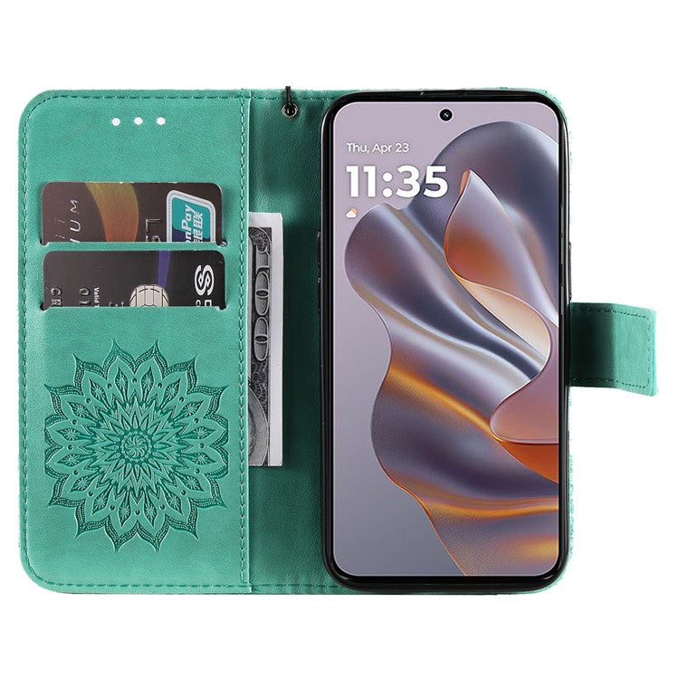 KT Imprinting Flower Series-1 For Motorola Edge 50 Neo 5G / Moto S50 5G / Thinkphone 25 5G Case Sunflower Leather Wallet Phone Cover - Green