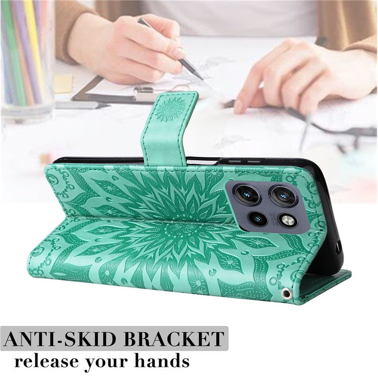 KT Imprinting Flower Series-1 For Motorola Edge 50 Neo 5G / Moto S50 5G / Thinkphone 25 5G Case Sunflower Leather Wallet Phone Cover - Green