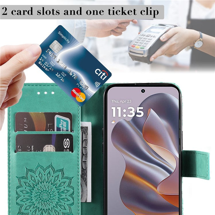 KT Imprinting Flower Series-1 For Motorola Edge 50 Neo 5G / Moto S50 5G / Thinkphone 25 5G Case Sunflower Leather Wallet Phone Cover - Green