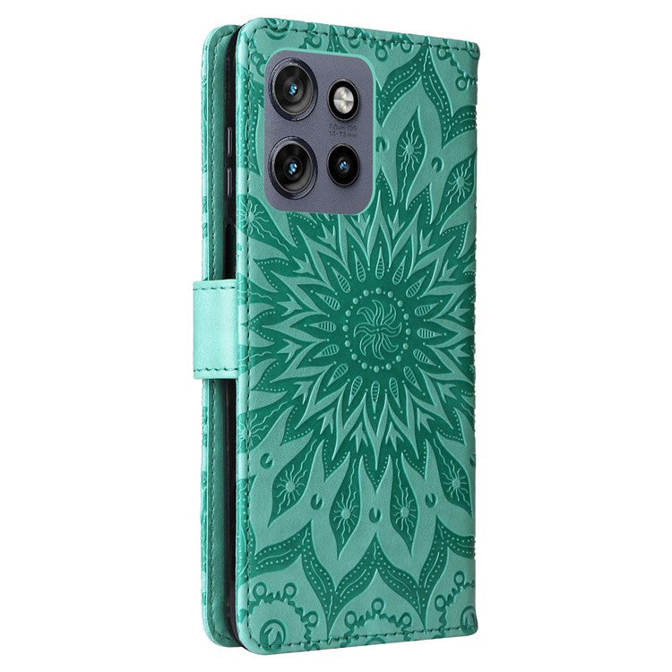 KT Imprinting Flower Series-1 For Motorola Edge 50 Neo 5G / Moto S50 5G / Thinkphone 25 5G Case Sunflower Leather Wallet Phone Cover - Green