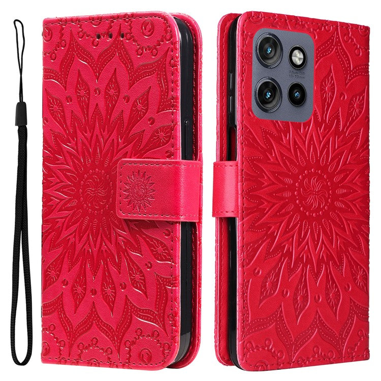 KT Imprinting Flower Series-1 For Motorola Edge 50 Neo 5G / Moto S50 5G / Thinkphone 25 5G Case Sunflower Leather Wallet Phone Cover - Red