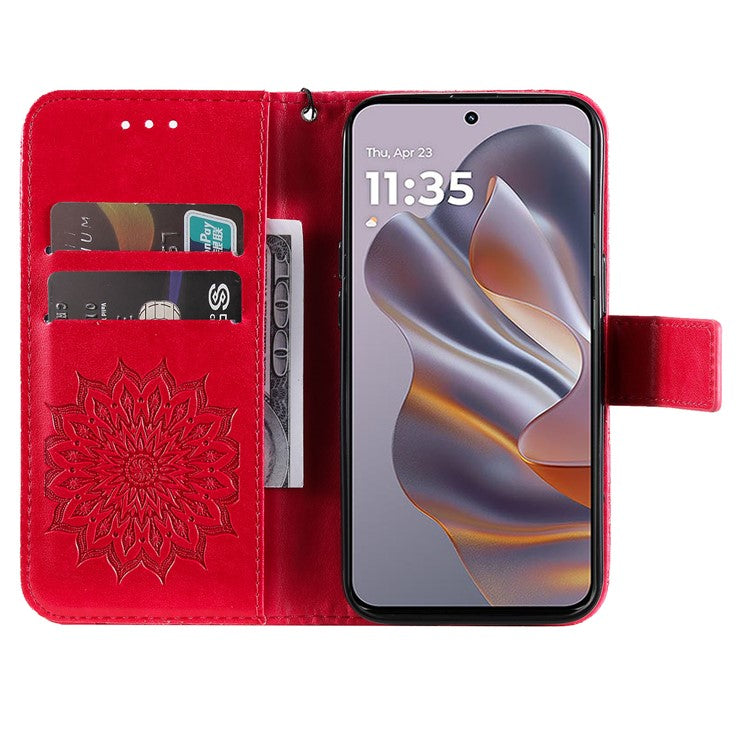 KT Imprinting Flower Series-1 For Motorola Edge 50 Neo 5G / Moto S50 5G / Thinkphone 25 5G Case Sunflower Leather Wallet Phone Cover - Red