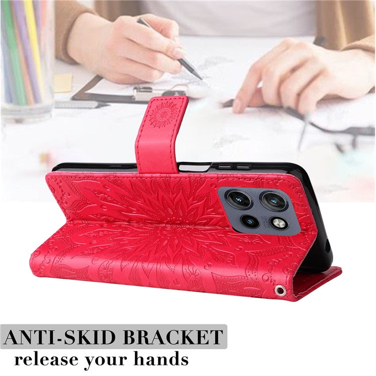 KT Imprinting Flower Series-1 For Motorola Edge 50 Neo 5G / Moto S50 5G / Thinkphone 25 5G Case Sunflower Leather Wallet Phone Cover - Red