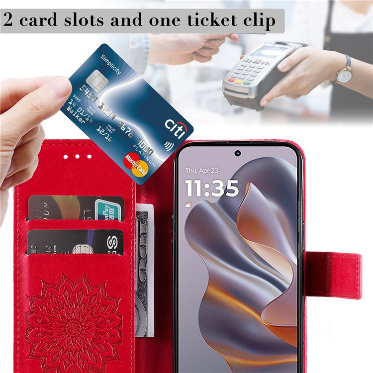 KT Imprinting Flower Series-1 For Motorola Edge 50 Neo 5G / Moto S50 5G / Thinkphone 25 5G Case Sunflower Leather Wallet Phone Cover - Red