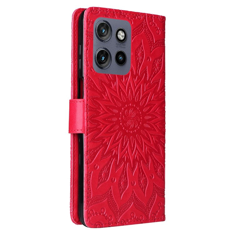 KT Imprinting Flower Series-1 For Motorola Edge 50 Neo 5G / Moto S50 5G / Thinkphone 25 5G Case Sunflower Leather Wallet Phone Cover - Red