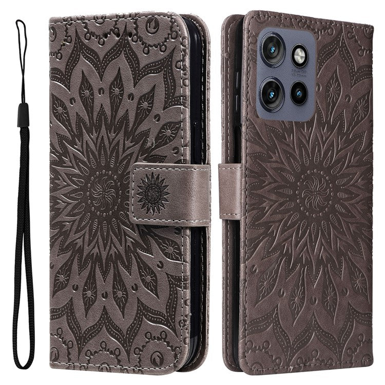 KT Imprinting Flower Series-1 For Motorola Edge 50 Neo 5G / Moto S50 5G / Thinkphone 25 5G Case Sunflower Leather Wallet Phone Cover - Grey