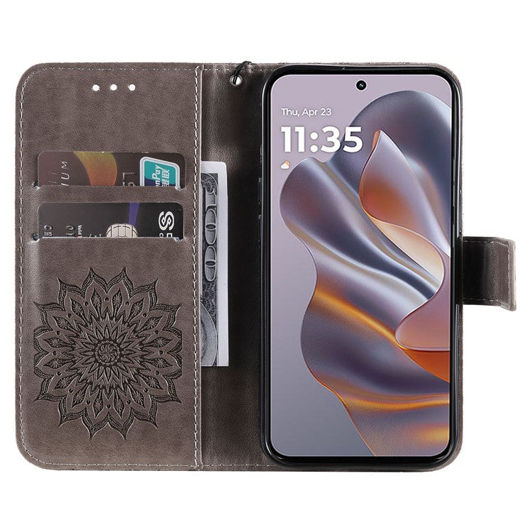 KT Imprinting Flower Series-1 For Motorola Edge 50 Neo 5G / Moto S50 5G / Thinkphone 25 5G Case Sunflower Leather Wallet Phone Cover - Grey