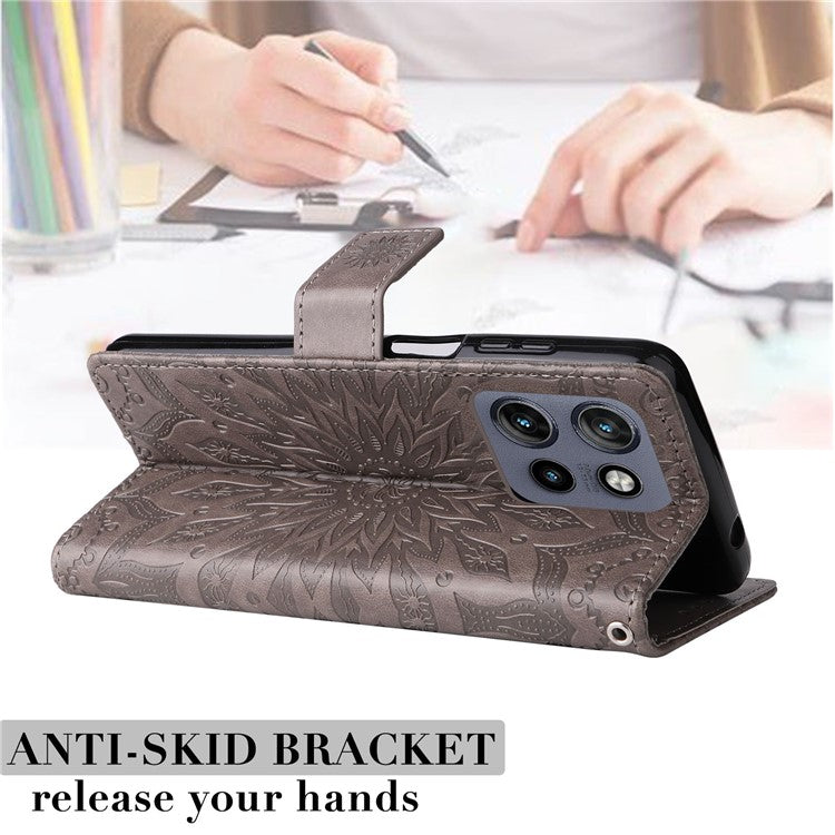 KT Imprinting Flower Series-1 For Motorola Edge 50 Neo 5G / Moto S50 5G / Thinkphone 25 5G Case Sunflower Leather Wallet Phone Cover - Grey