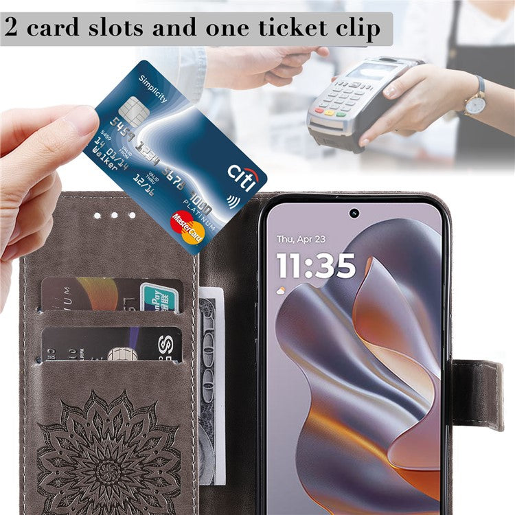 KT Imprinting Flower Series-1 For Motorola Edge 50 Neo 5G / Moto S50 5G / Thinkphone 25 5G Case Sunflower Leather Wallet Phone Cover - Grey