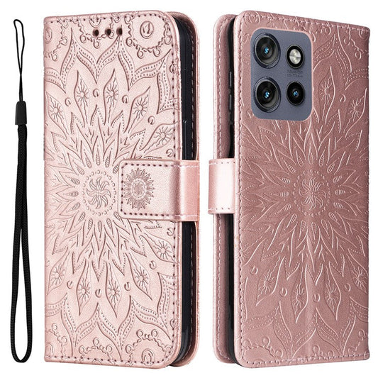 KT Imprinting Flower Series-1 For Motorola Edge 50 Neo 5G / Moto S50 5G / Thinkphone 25 5G Case Sunflower Leather Wallet Phone Cover - Rose Gold