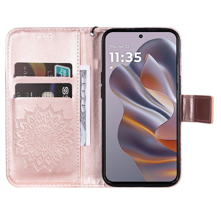 KT Imprinting Flower Series-1 For Motorola Edge 50 Neo 5G / Moto S50 5G / Thinkphone 25 5G Case Sunflower Leather Wallet Phone Cover - Rose Gold