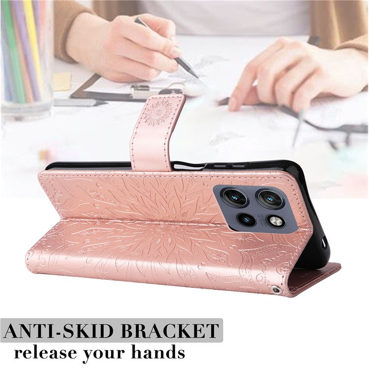 KT Imprinting Flower Series-1 For Motorola Edge 50 Neo 5G / Moto S50 5G / Thinkphone 25 5G Case Sunflower Leather Wallet Phone Cover - Rose Gold