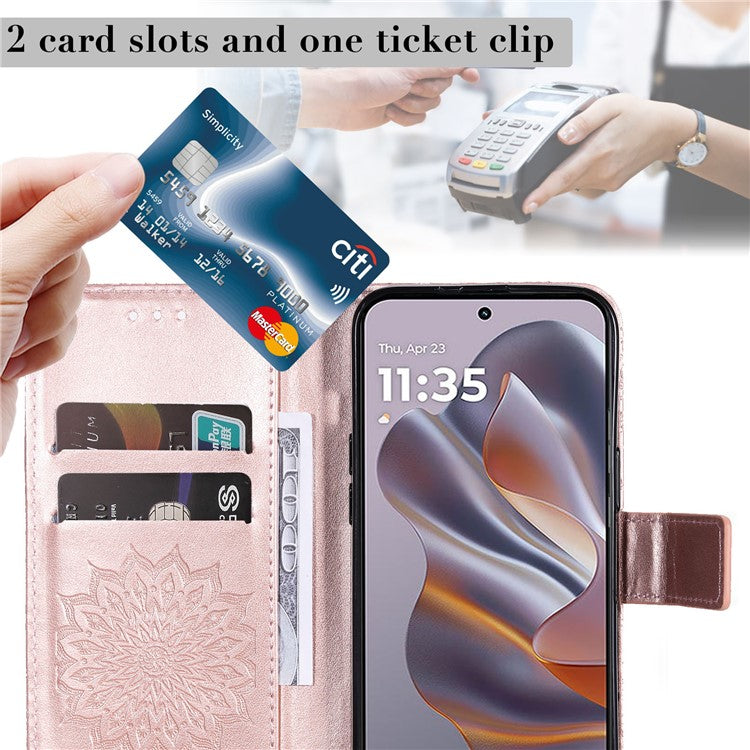 KT Imprinting Flower Series-1 For Motorola Edge 50 Neo 5G / Moto S50 5G / Thinkphone 25 5G Case Sunflower Leather Wallet Phone Cover - Rose Gold