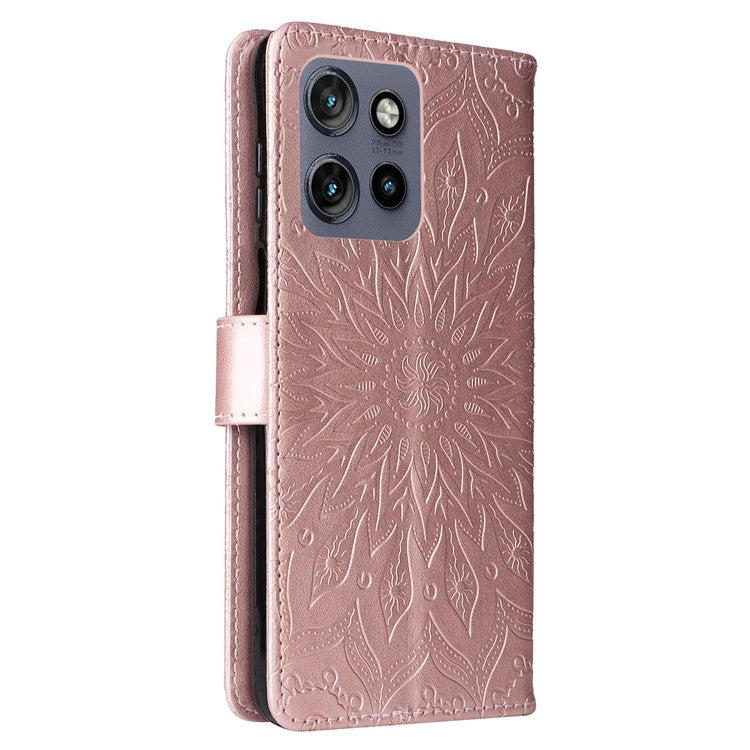 KT Imprinting Flower Series-1 For Motorola Edge 50 Neo 5G / Moto S50 5G / Thinkphone 25 5G Case Sunflower Leather Wallet Phone Cover - Rose Gold