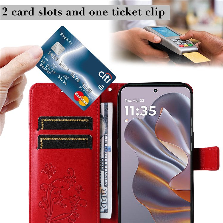 KT Imprinting Flower Series-2 For Motorola Edge 50 Neo 5G / Moto S50 5G / Thinkphone 25 5G Case Butterfly Leather Phone Cover - Red