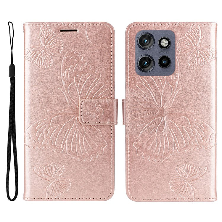 KT Imprinting Flower Series-2 For Motorola Edge 50 Neo 5G / Moto S50 5G / Thinkphone 25 5G Case Butterfly Leather Phone Cover - Rose Gold