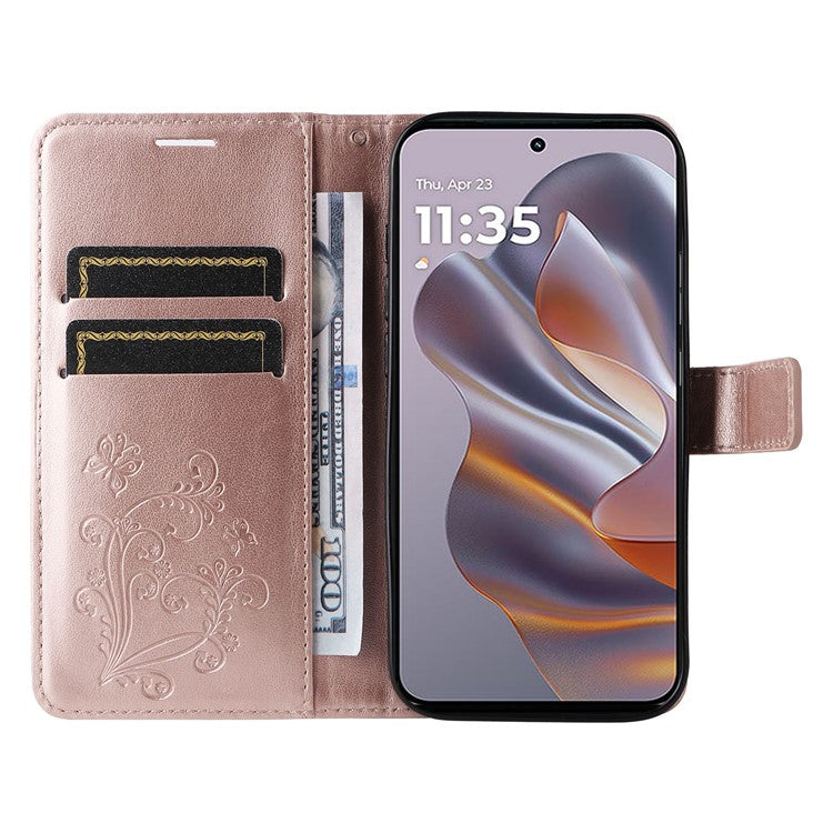 KT Imprinting Flower Series-2 For Motorola Edge 50 Neo 5G / Moto S50 5G / Thinkphone 25 5G Case Butterfly Leather Phone Cover - Rose Gold