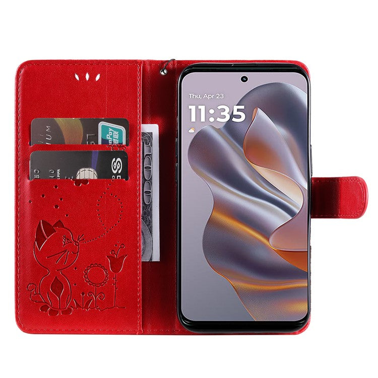 KT Imprinting Flower Series-4 For Motorola Edge 50 Neo 5G / Moto S50 5G / Thinkphone 25 5G Case Cat Bee Pattern Leather Phone Cover - Red