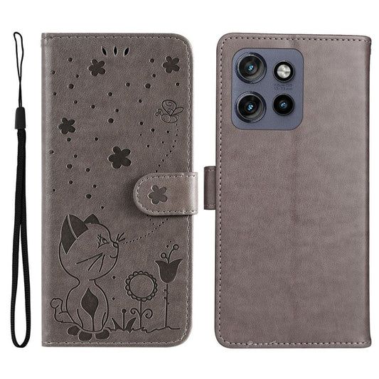 KT Imprinting Flower Series-4 For Motorola Edge 50 Neo 5G / Moto S50 5G / Thinkphone 25 5G Case Cat Bee Pattern Leather Phone Cover - Grey