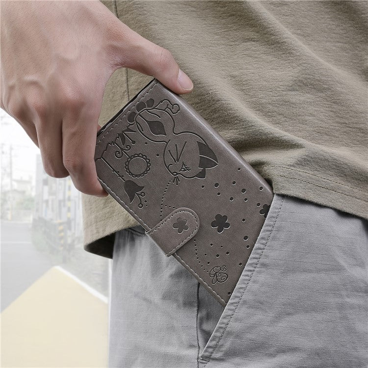 KT Imprinting Flower Series-4 For Motorola Edge 50 Neo 5G / Moto S50 5G / Thinkphone 25 5G Case Cat Bee Pattern Leather Phone Cover - Grey