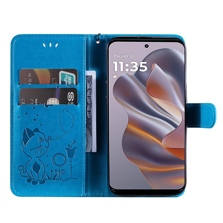 KT Imprinting Flower Series-4 For Motorola Edge 50 Neo 5G / Moto S50 5G / Thinkphone 25 5G Case Cat Bee Pattern Leather Phone Cover - Blue