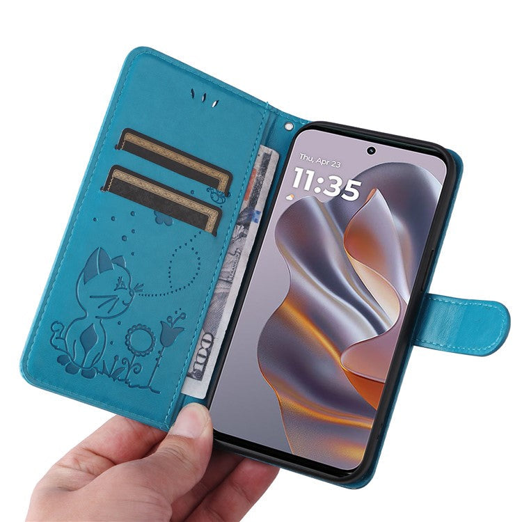 KT Imprinting Flower Series-4 For Motorola Edge 50 Neo 5G / Moto S50 5G / Thinkphone 25 5G Case Cat Bee Pattern Leather Phone Cover - Blue