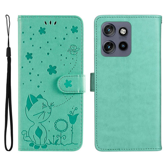 KT Imprinting Flower Series-4 For Motorola Edge 50 Neo 5G / Moto S50 5G / Thinkphone 25 5G Case Cat Bee Pattern Leather Phone Cover - Green