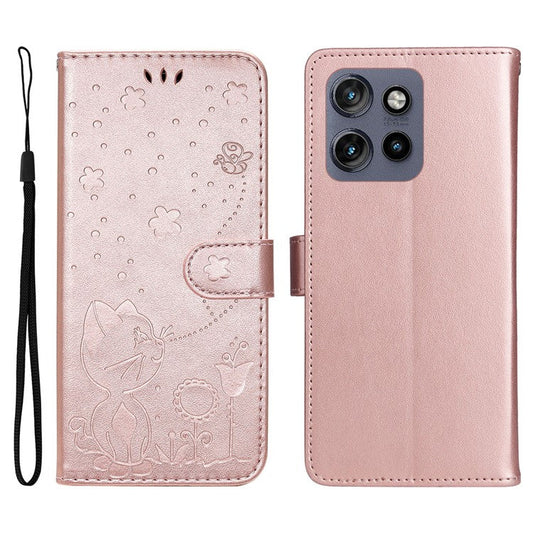 KT Imprinting Flower Series-4 For Motorola Edge 50 Neo 5G / Moto S50 5G / Thinkphone 25 5G Case Cat Bee Pattern Leather Phone Cover - Rose Gold