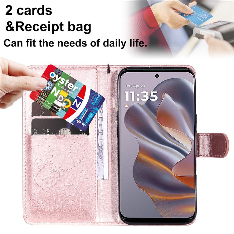 KT Imprinting Flower Series-4 For Motorola Edge 50 Neo 5G / Moto S50 5G / Thinkphone 25 5G Case Cat Bee Pattern Leather Phone Cover - Rose Gold