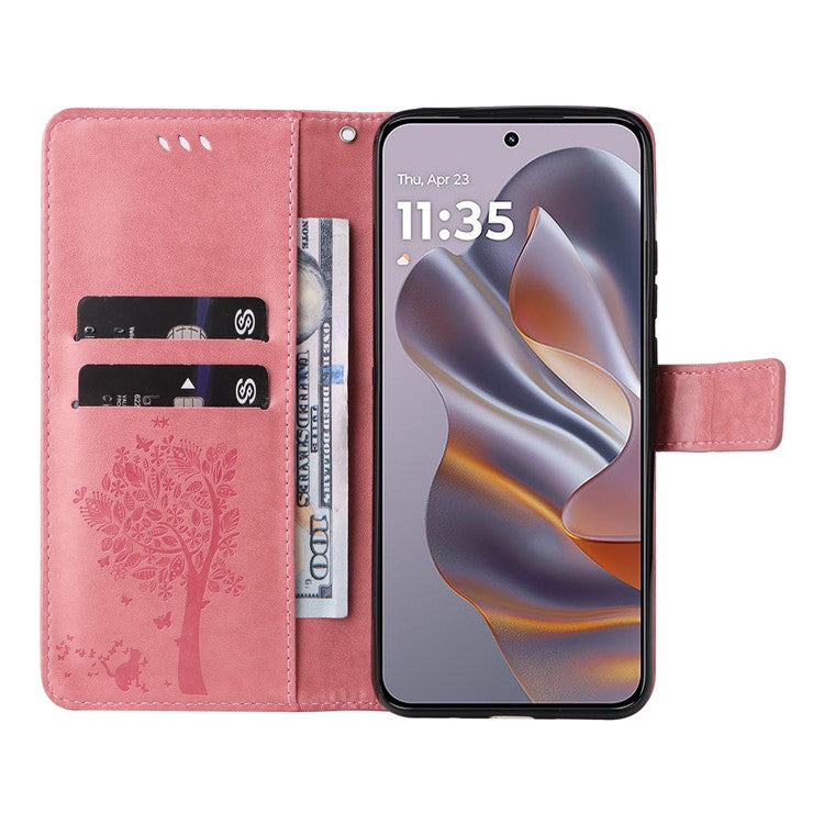 KT Imprinting Flower Series-3 For Motorola Edge 50 Neo 5G Case Cat Tree Pattern Flip Leather Phone Cover - Pink